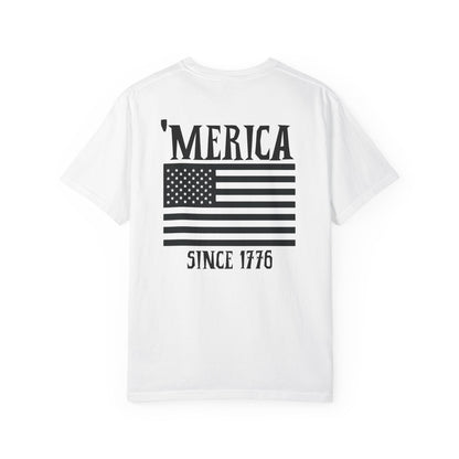 White t-shirt with 'Merica since 1776' design on a white background