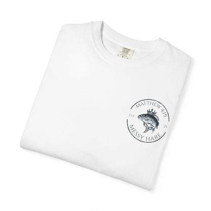White t-shirt with a logo on a white background
