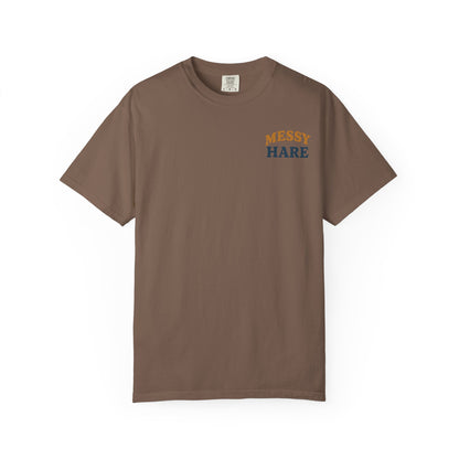 Brown t-shirt with 'Messy Hare' text on a white background