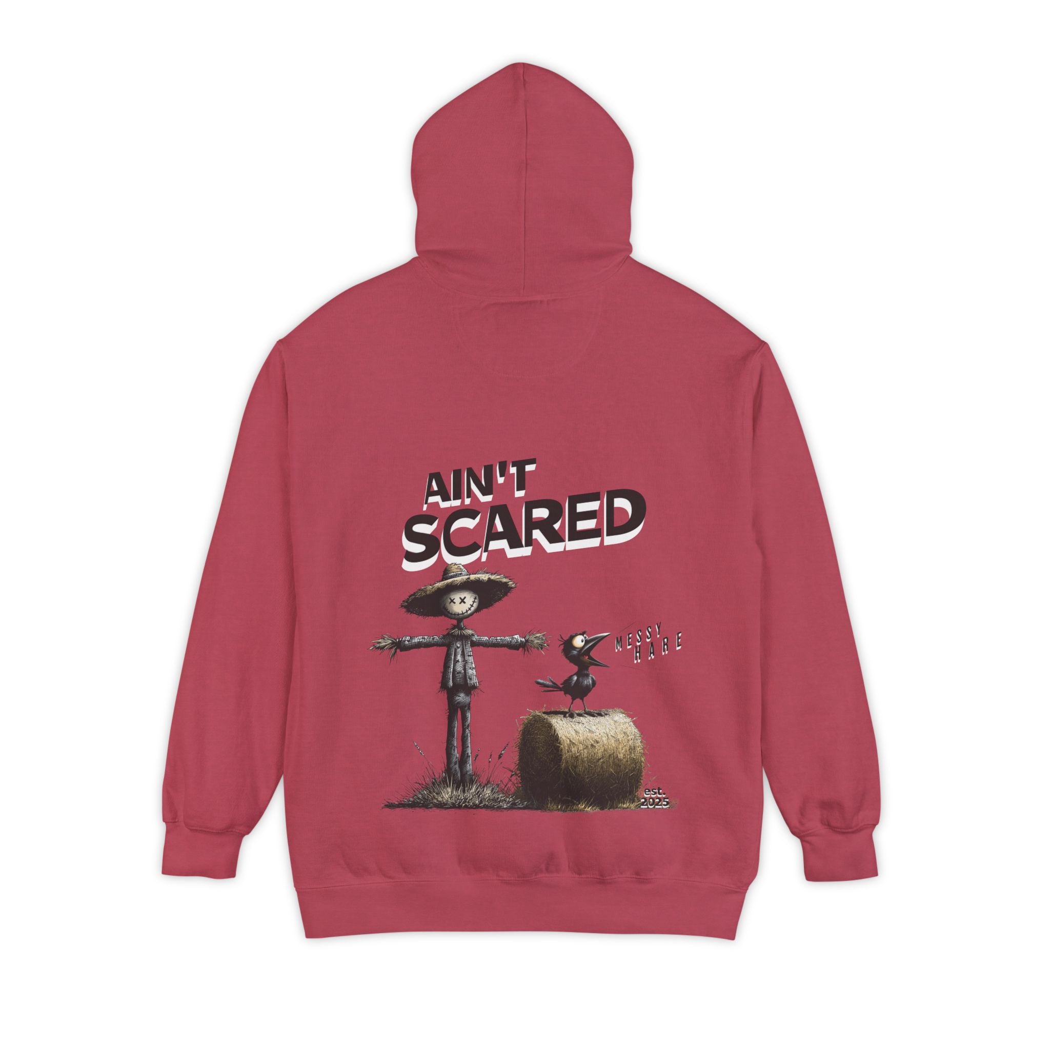 Red hoodie with 'Ain't Scared' graphic on the back