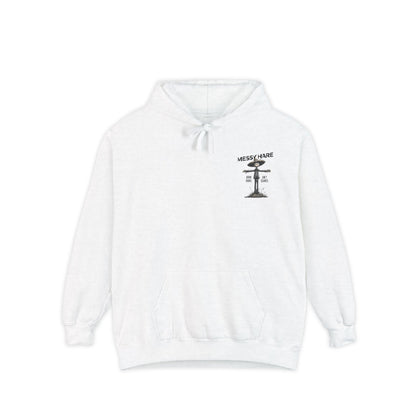White hoodie with black graphic and text on a white background