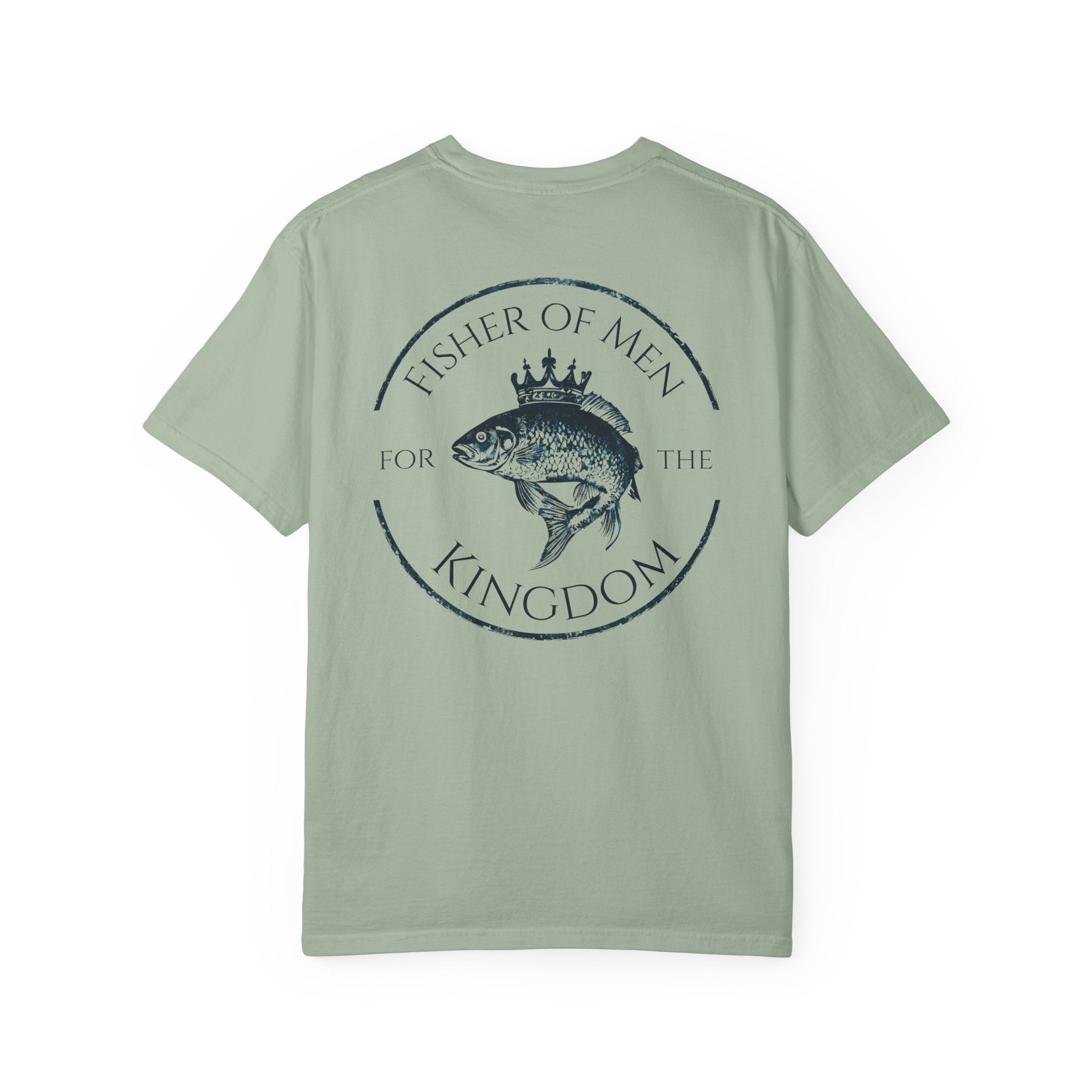 Light green t-shirt with a fish graphic and text on the back against a white background