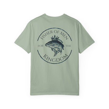 Light green t-shirt with a fish graphic and text on the back against a white background