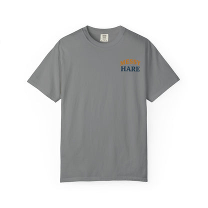 Gray t-shirt with 'MESSY HARE' text on a white background