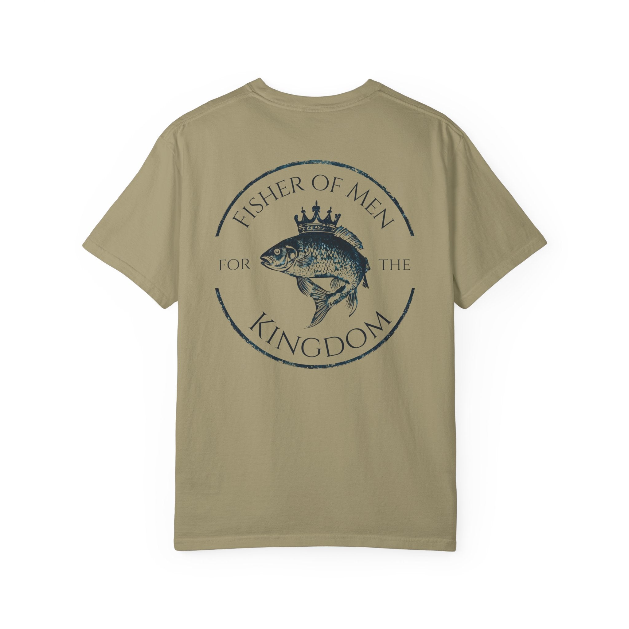 Khaki t-shirt with fishing-themed graphic on a white background