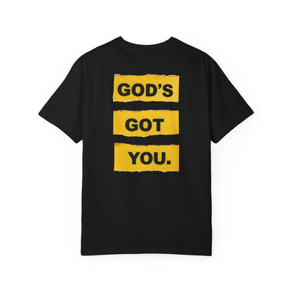 Black t-shirt with yellow text 'GOD'S GOT YOU' on a white background