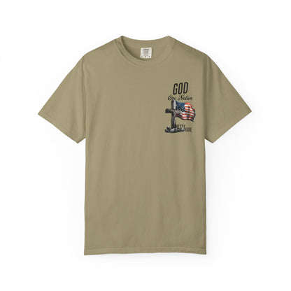 Khaki t-shirt with graphic design and text on a white background