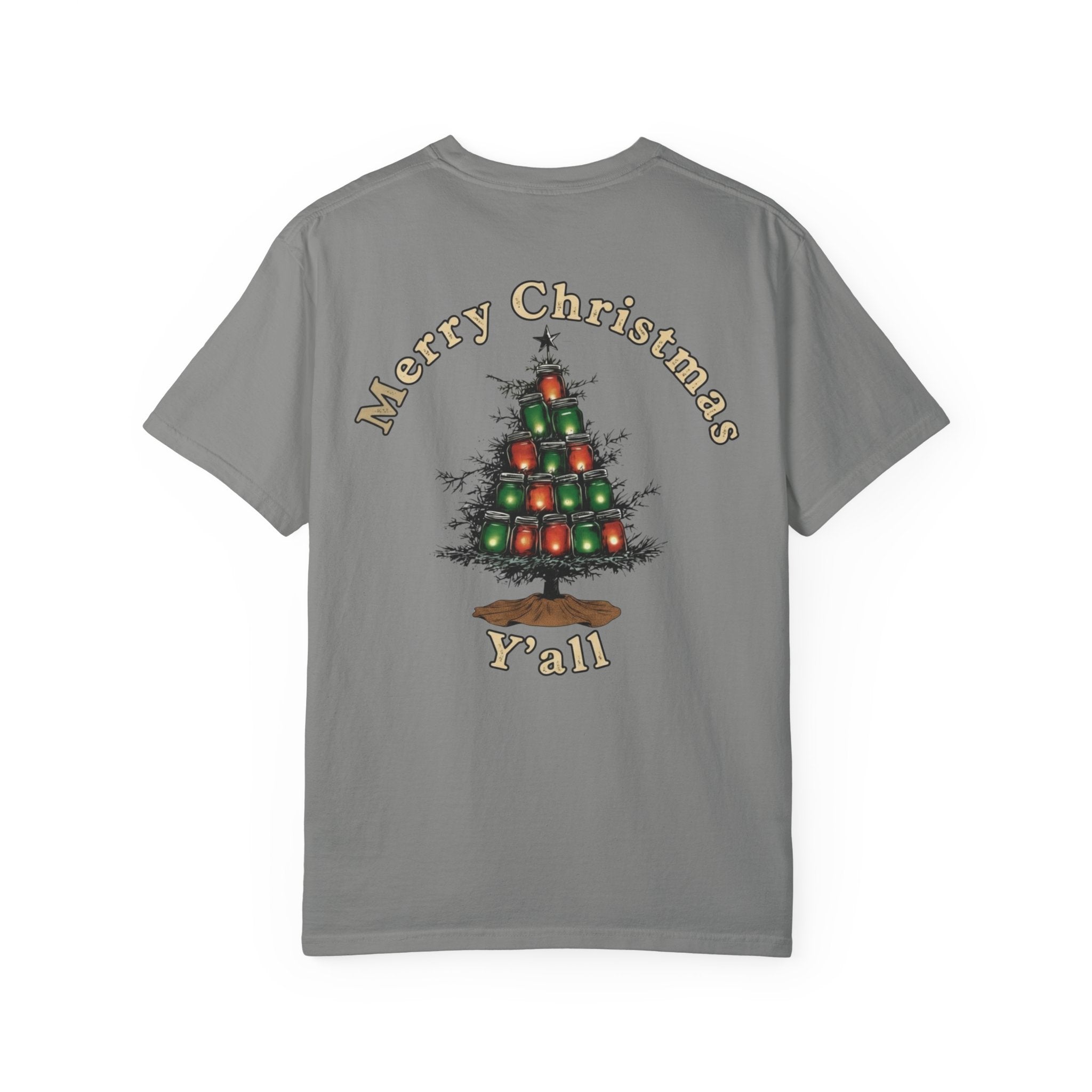 Gray t-shirt with a Christmas tree design and text on the back against a white background