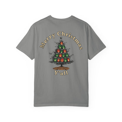 Gray t-shirt with a Christmas tree design and text on the back against a white background
