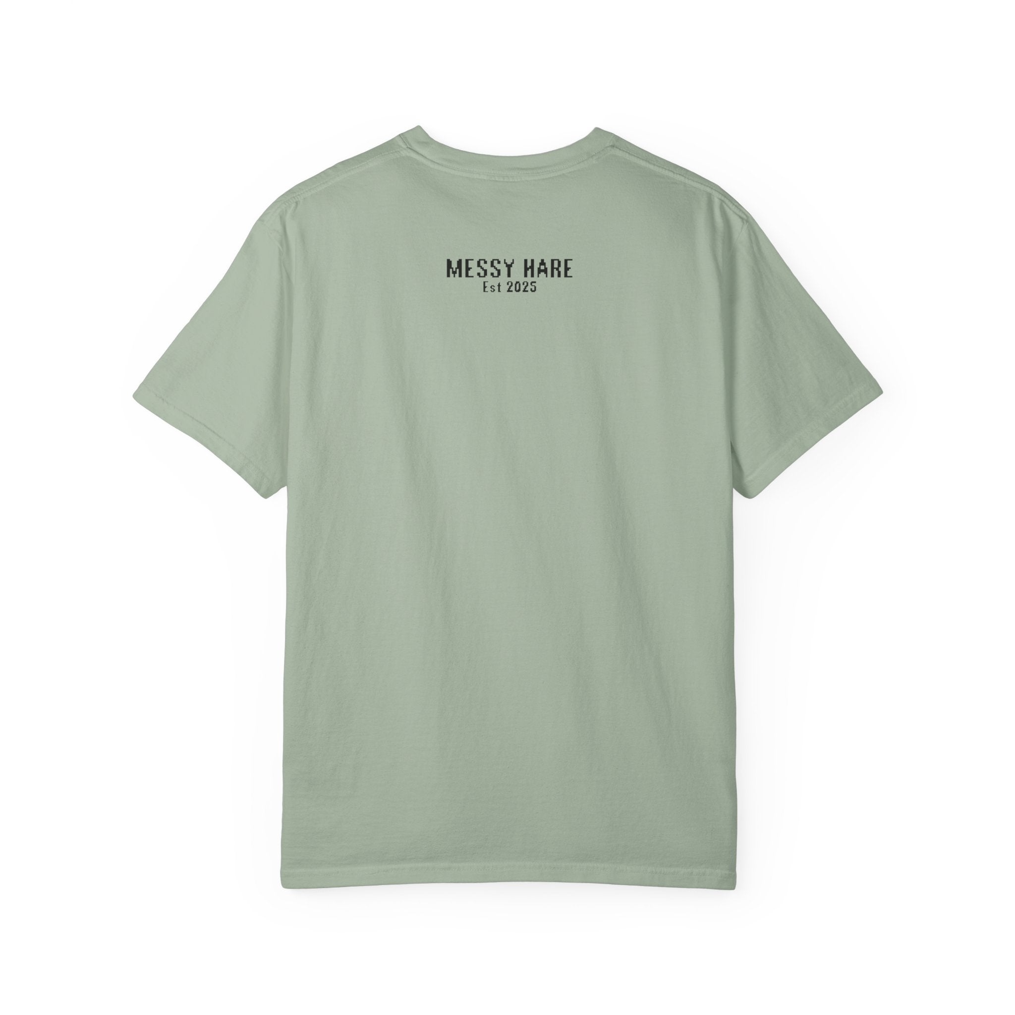 Light green t-shirt with 'Messy Hare' text on the back against a white background
