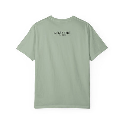 Light green t-shirt with 'Messy Hare' text on the back against a white background