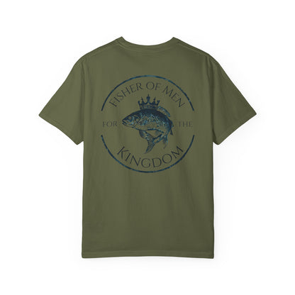 Green t-shirt with a fish graphic and text on a white background