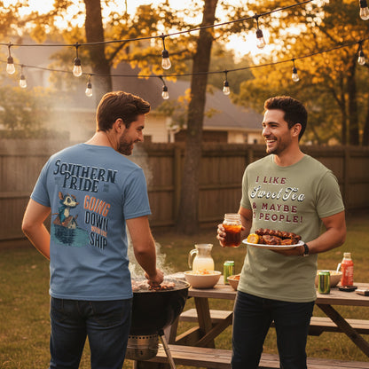 Two men in a backyard setting, one grilling and the other holding food and drinks.