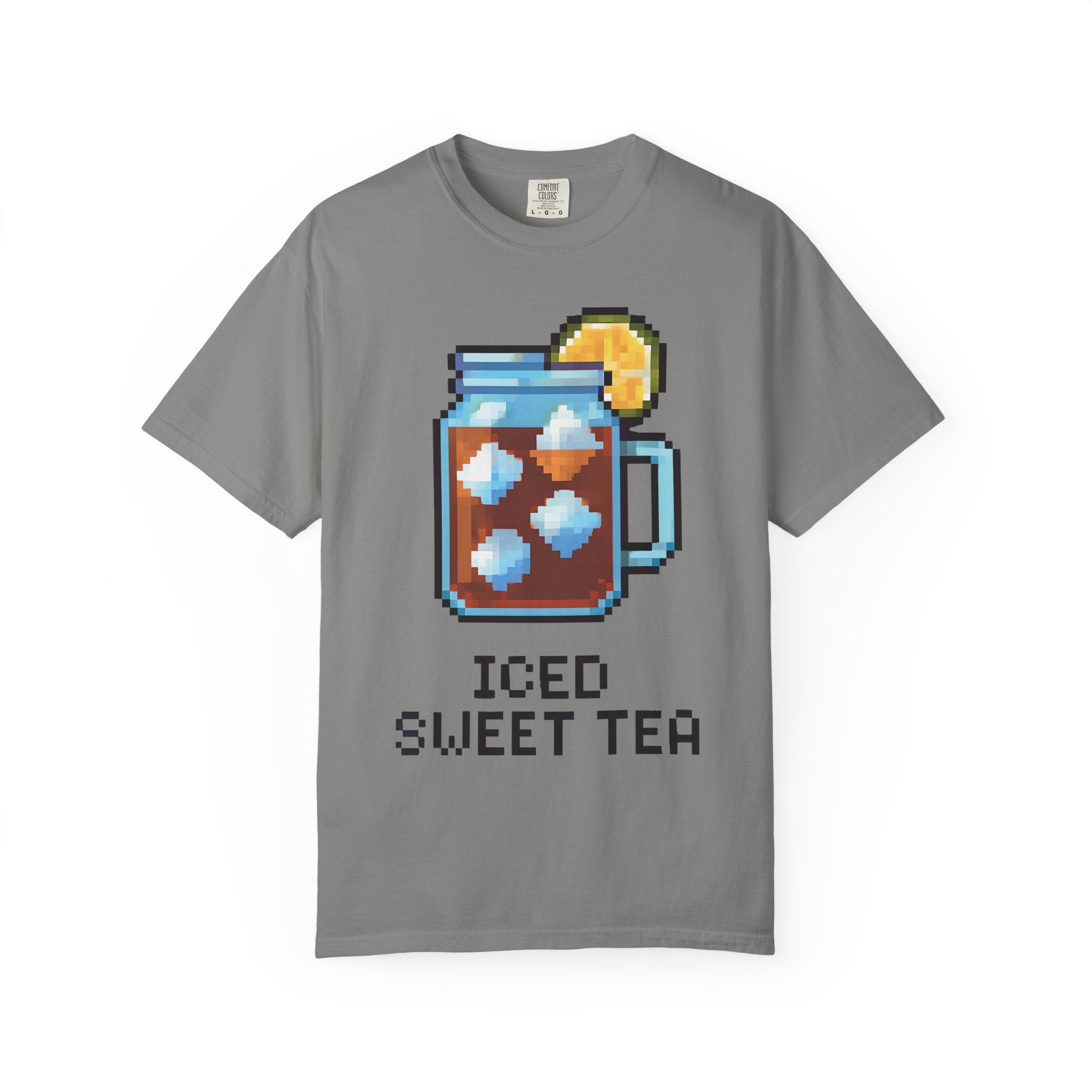 Gray t-shirt with pixel art of iced sweet tea and text on a white background