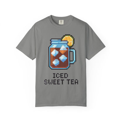 Gray t-shirt with pixel art of iced sweet tea and text on a white background