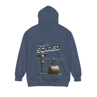 Blue hoodie with a scarecrow graphic and 'Ain't Scared' text on the back, on a white background.