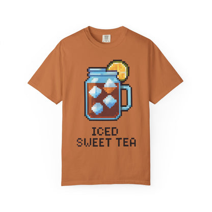Brown t-shirt with pixel art of iced sweet tea and text on a white background