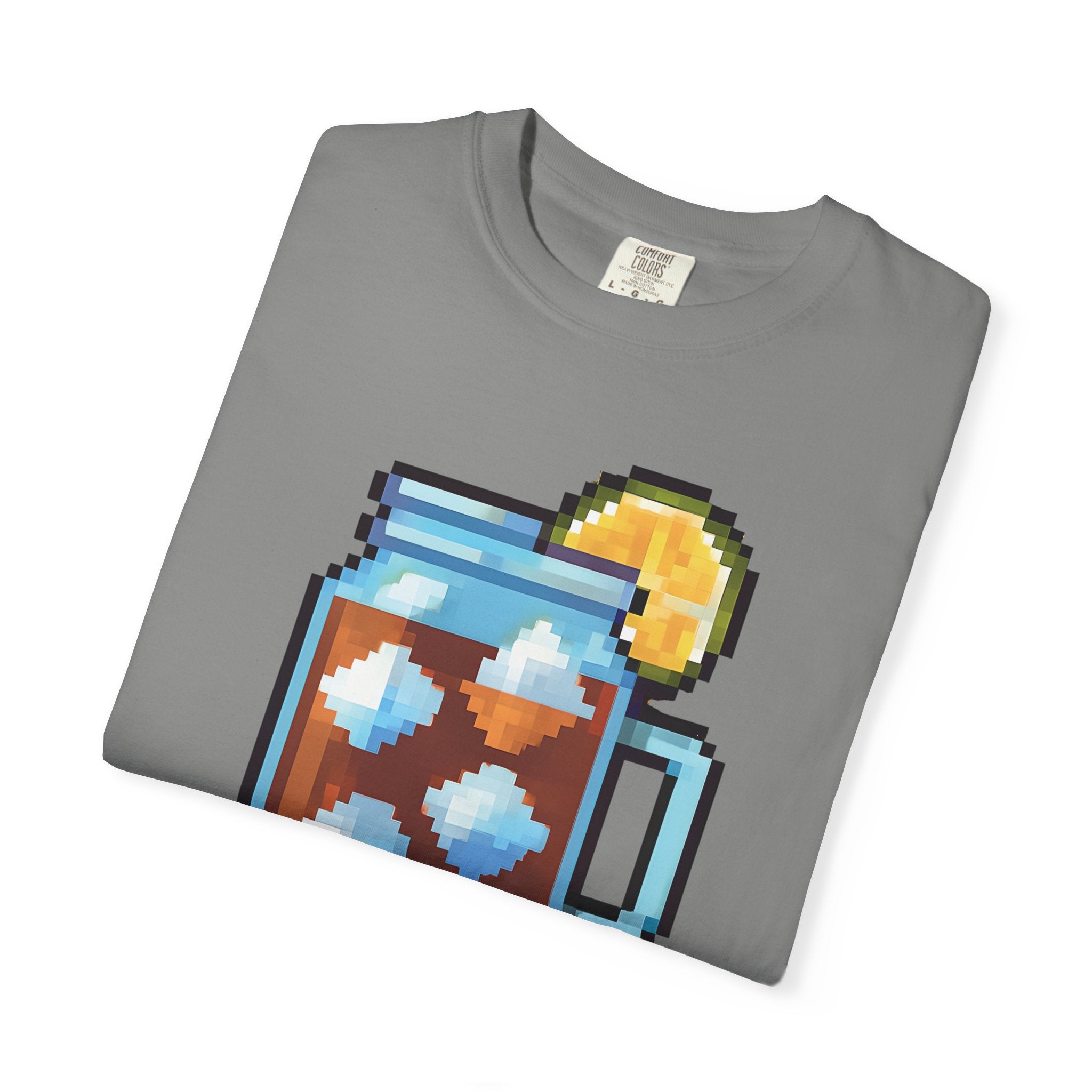 Folded gray t-shirt with pixel art design on a white background