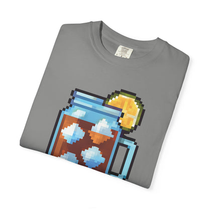 Folded gray t-shirt with pixel art design on a white background