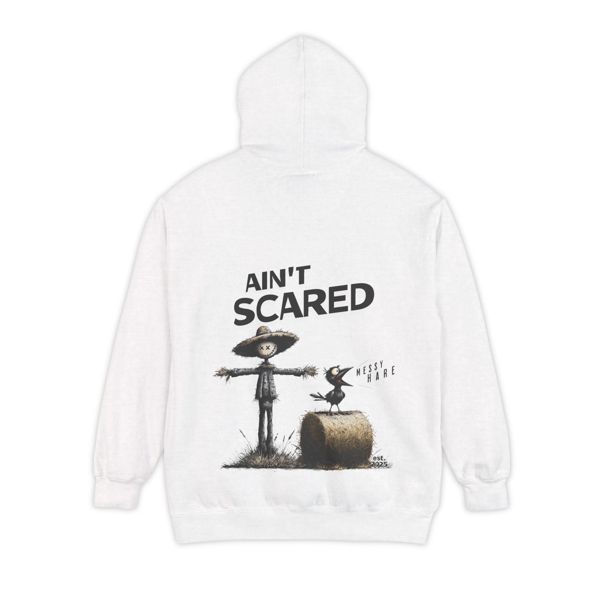 White hoodie with scarecrow graphic and 'Ain't Scared' text on a white background