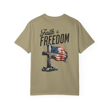Khaki t-shirt with 'Faith & Freedom' text and cross with American flag design on a white background