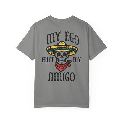 Gray t-shirt with skull graphic and text on a white background