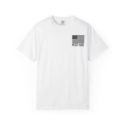 White t-shirt with black flag design and text on a white background