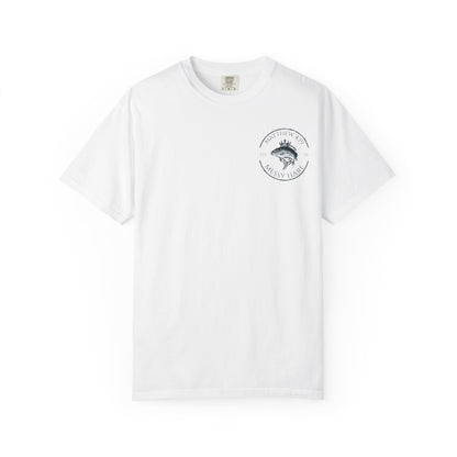 White t-shirt with a logo on a white background