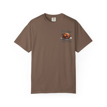 Brown t-shirt with a graphic of a roasted turkey and text on a white background