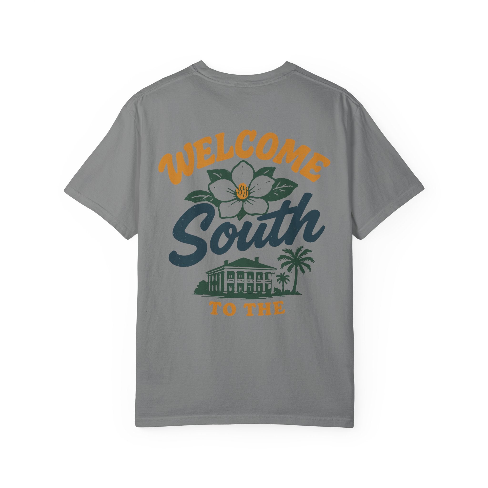 Gray t-shirt with 'Welcome South to the' text and graphic on a white background