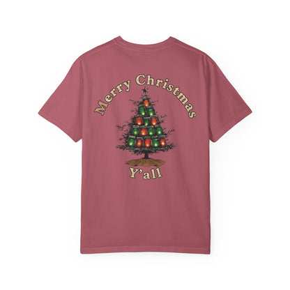 Maroon t-shirt with Christmas tree design and text on a white background