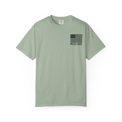 Mint green t-shirt with American flag design and 'Messy Hare' text on a white background
