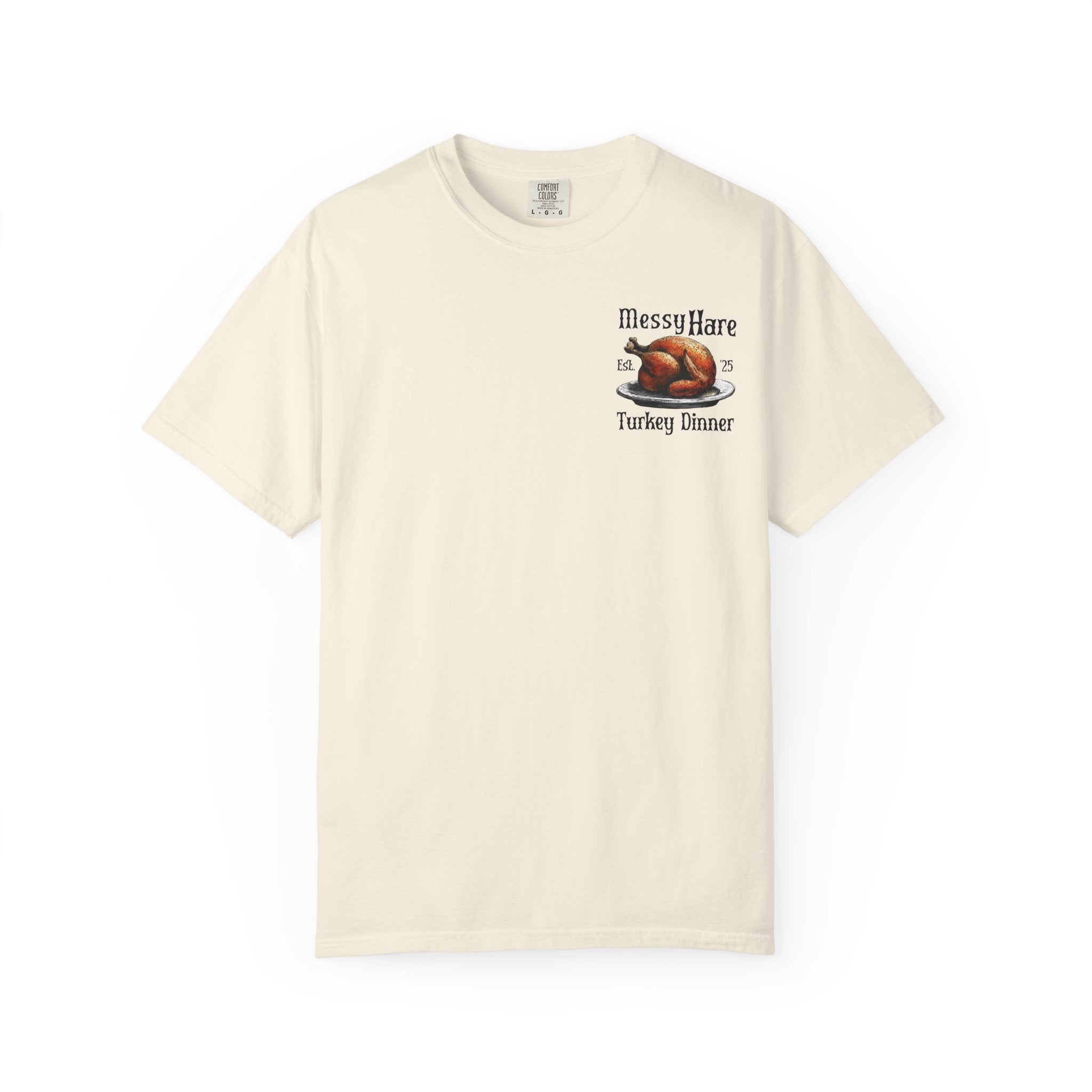 Beige t-shirt with a graphic of a turkey and text on a white background