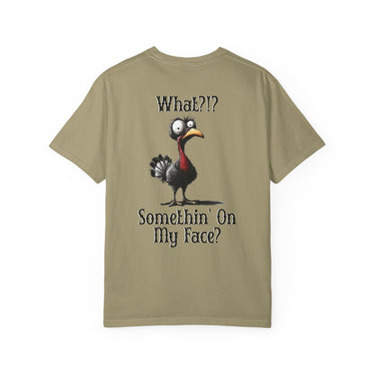 Khaki t-shirt with a cartoon turkey graphic and text on the back
