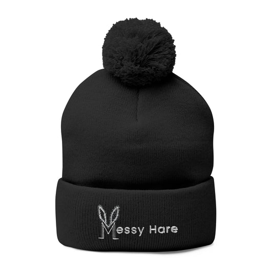 Messy Hare Logo, Embroidered Pom-Pom Knit Hat/Beanie