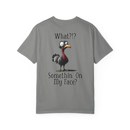 Gray t-shirt with cartoon chicken graphic and text on a white background