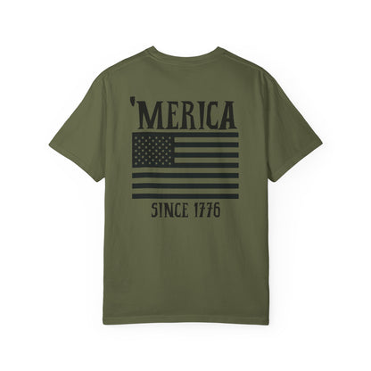 Green t-shirt with 'Merica and American flag design on a white background