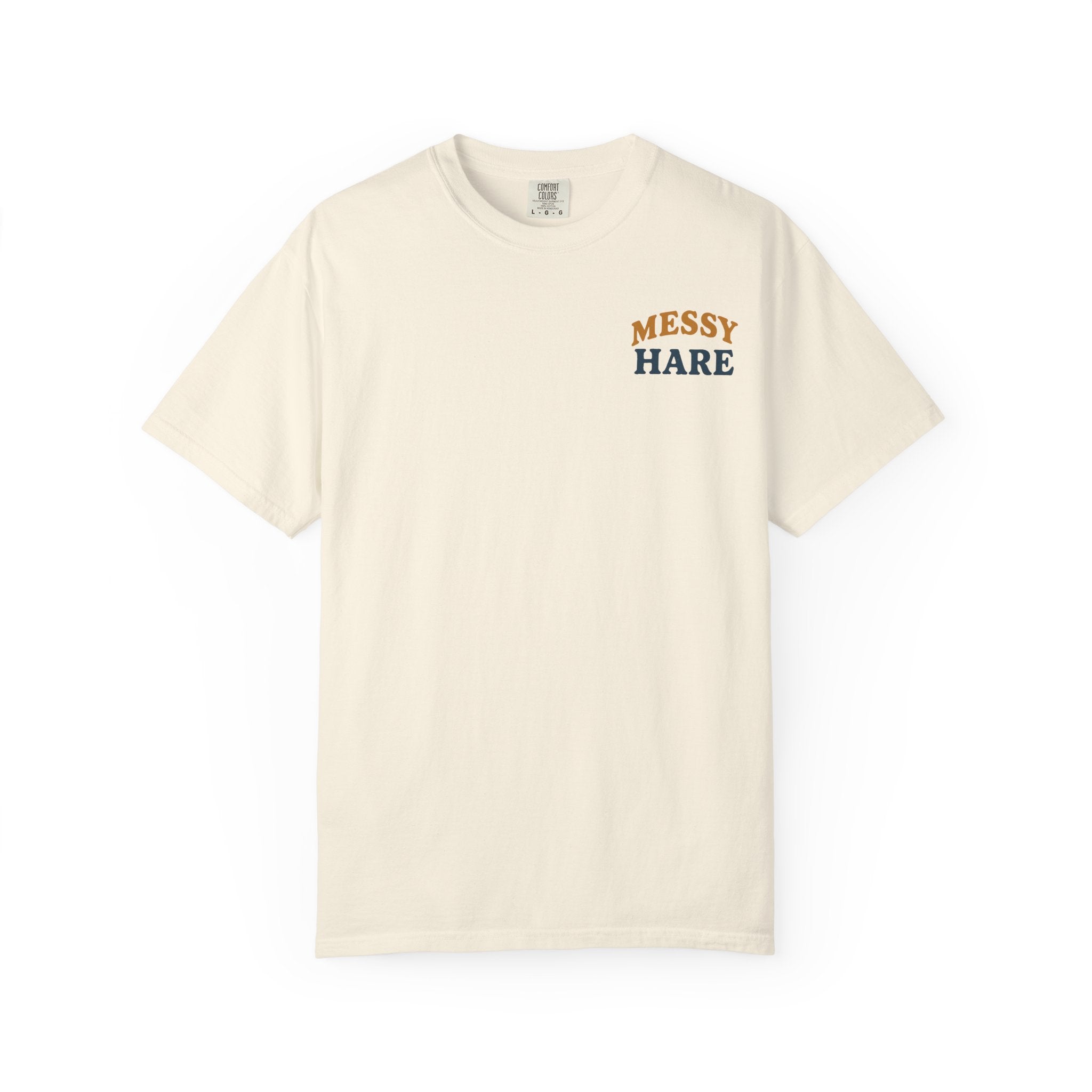 Beige t-shirt with 'Messy Hare' text on a white background