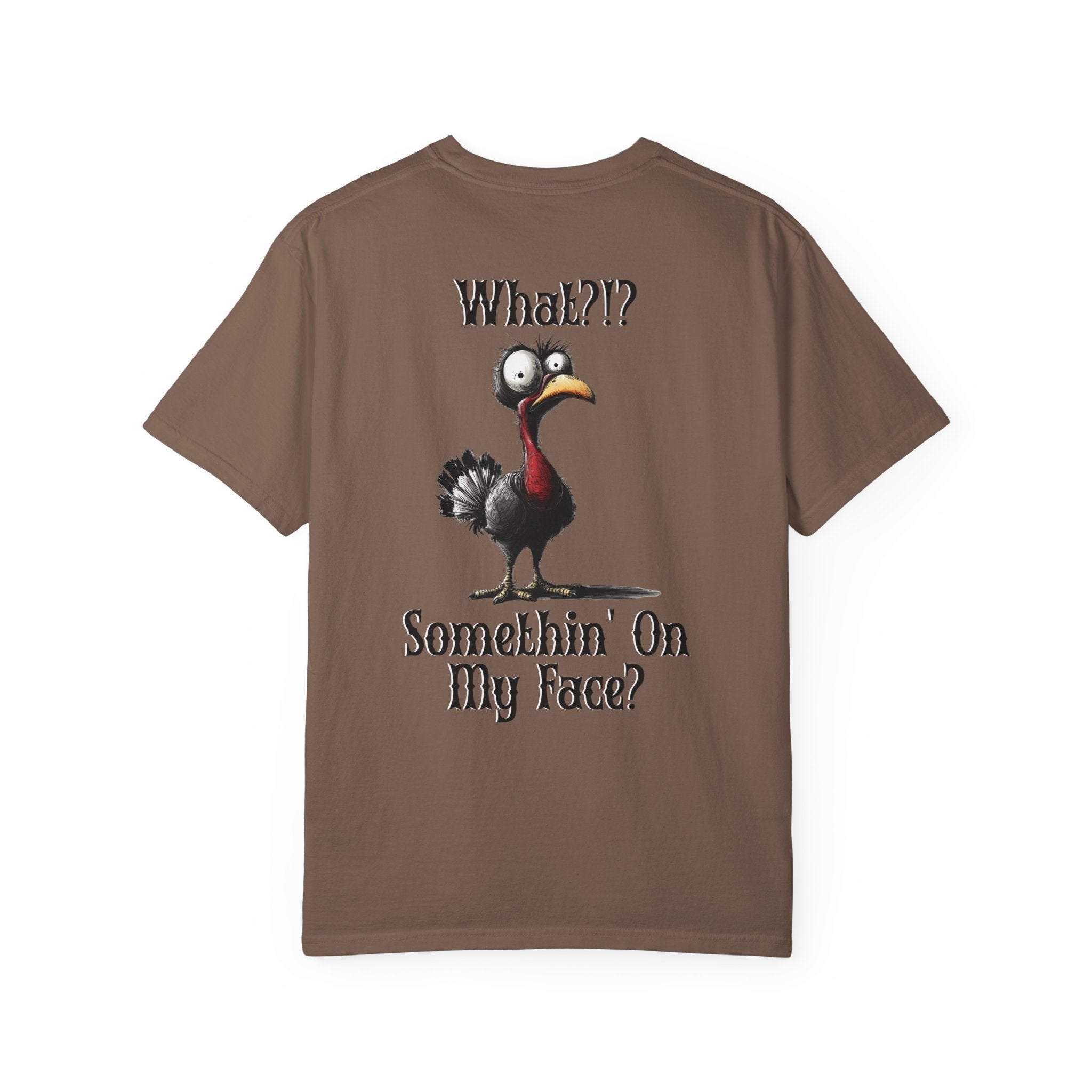 Brown t-shirt with a cartoon turkey graphic and text on a white background