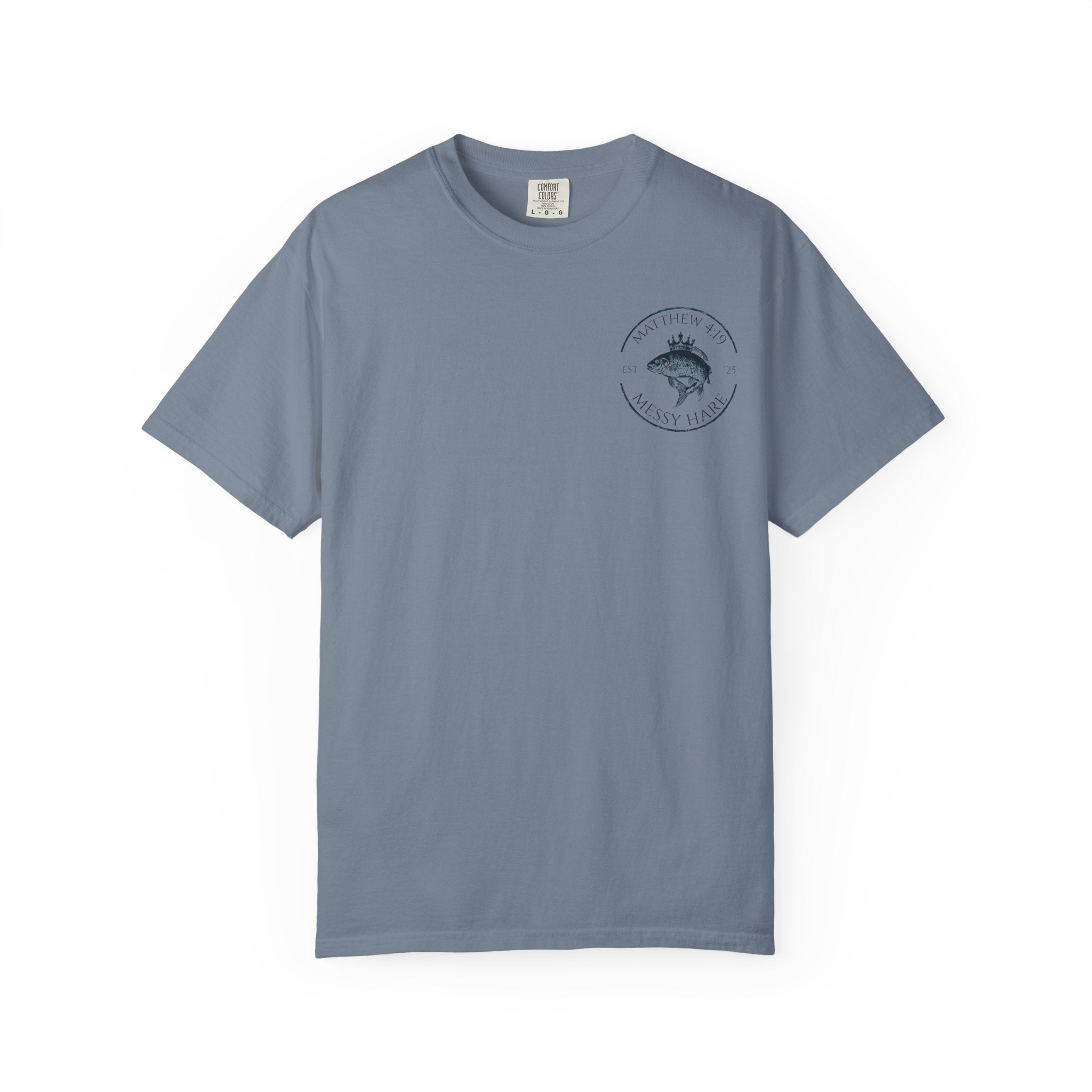 Gray t-shirt with a logo on a white background