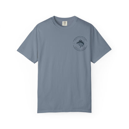 Gray t-shirt with a logo on a white background