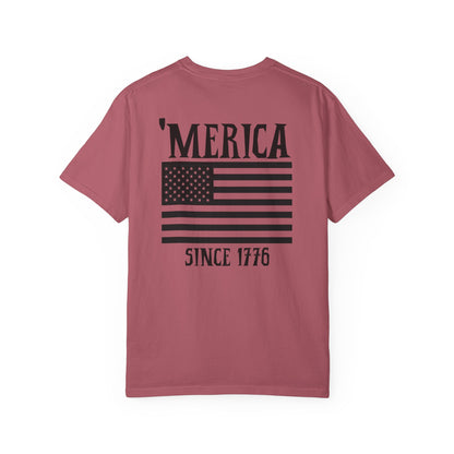 Maroon t-shirt with 'Merica and American flag design on a white background