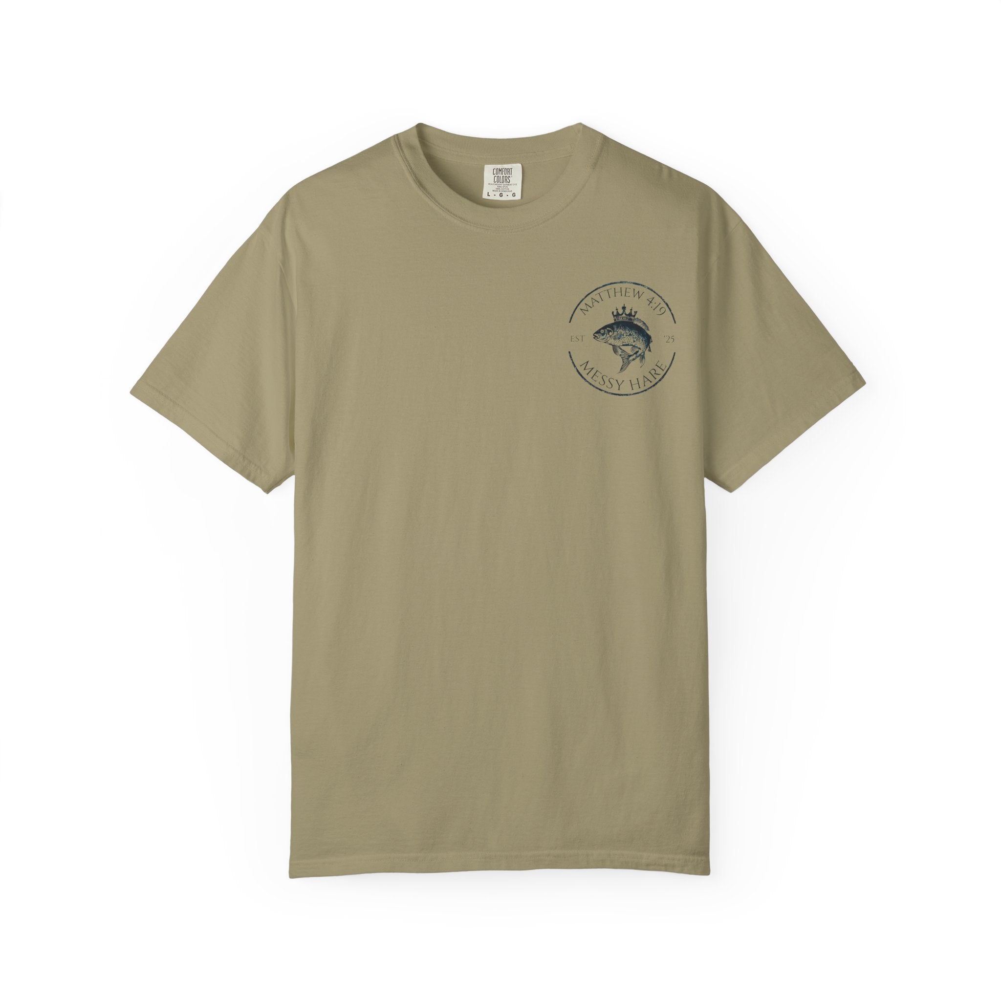 Beige t-shirt with a logo on a white background
