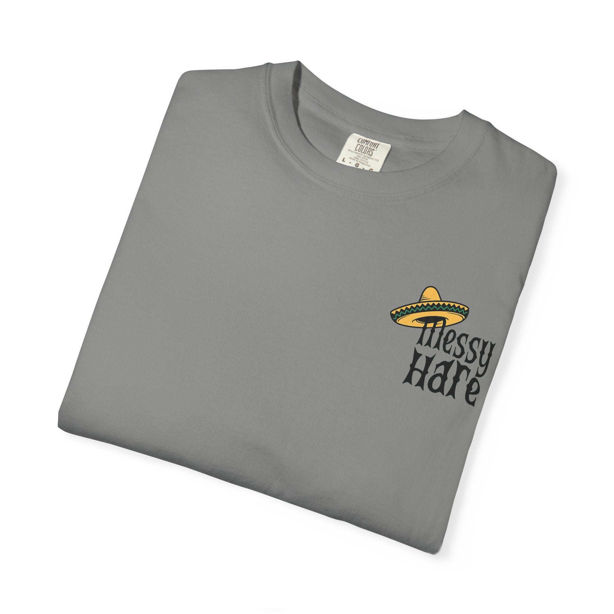 Folded gray t-shirt with 'Messy Hare' logo on a white background