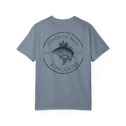 Gray t-shirt with fishing-themed design on a white background
