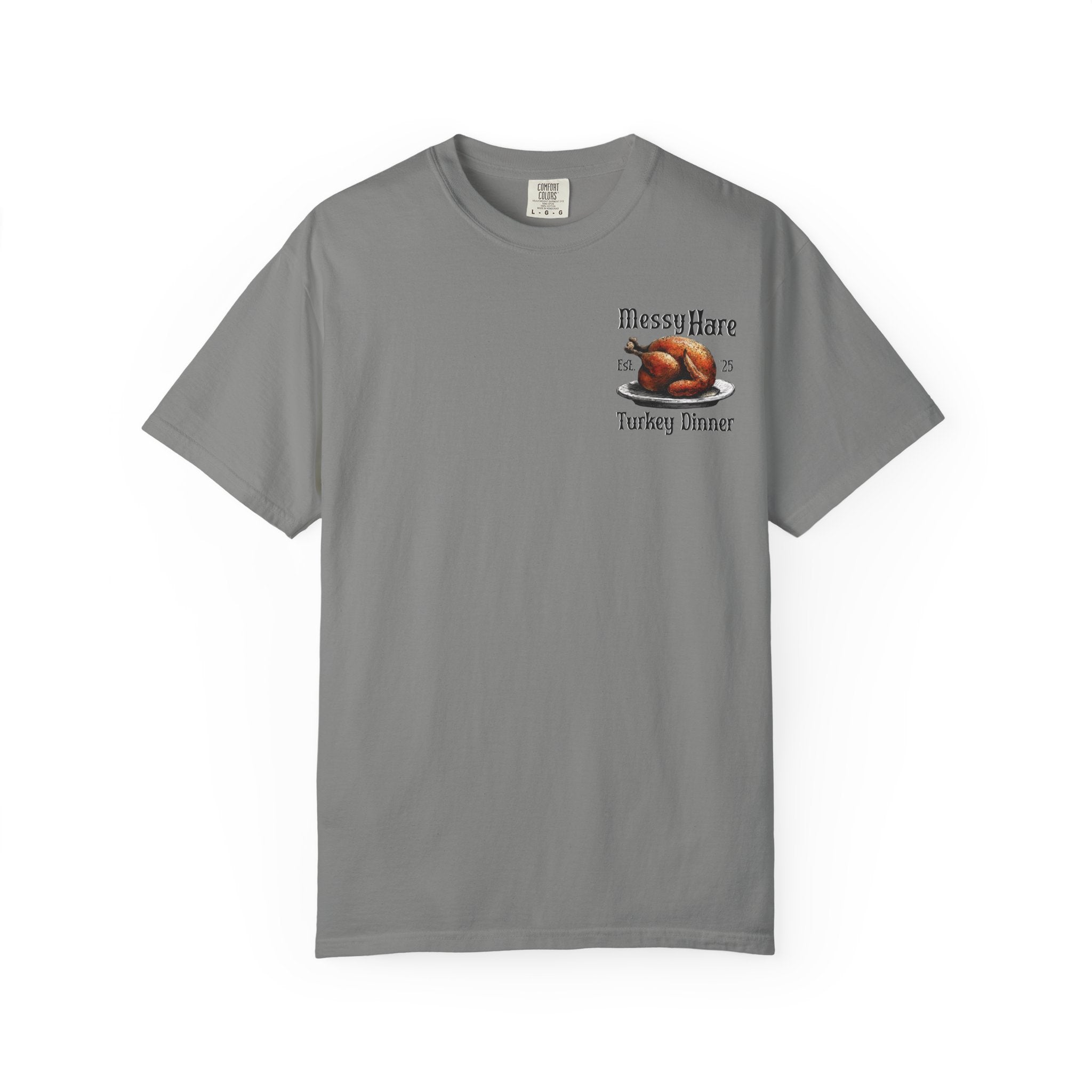 Gray t-shirt with a graphic of a roasted turkey and text on a white background