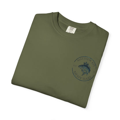 Folded green t-shirt with a logo on a white background