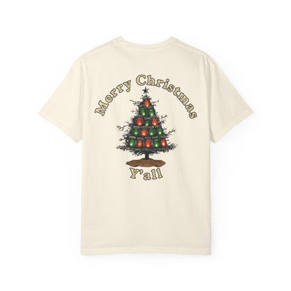 Beige t-shirt with a Christmas tree design and text on the back