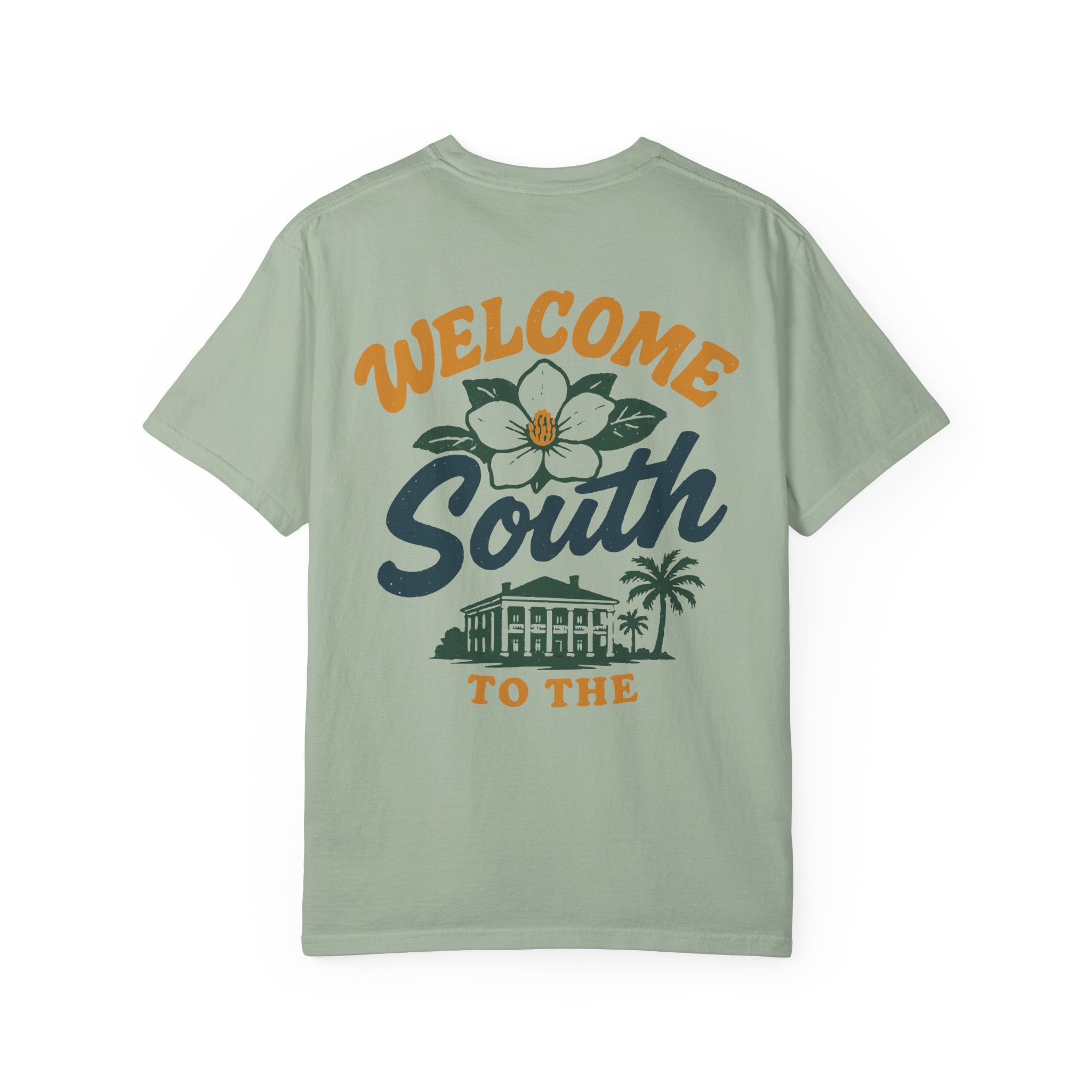 Light green t-shirt with 'Welcome South' graphic on a white background
