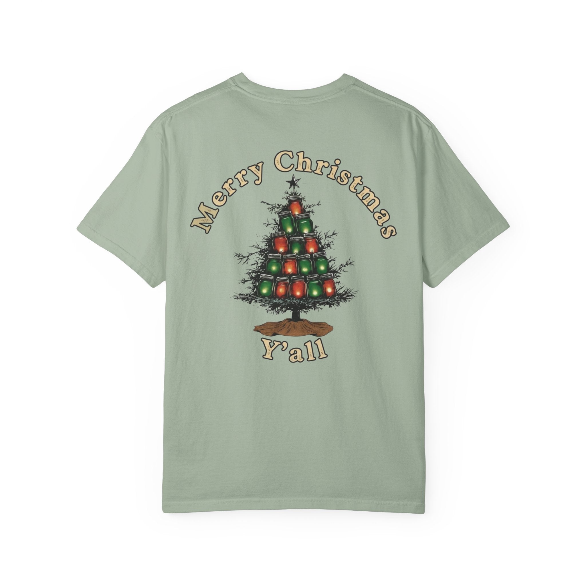 Light green t-shirt with a Christmas tree design and text on the back against a white background